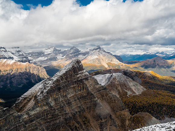 Lesser Pharaoh Peak to the north with Mount Ball in clouds at left and Storm Mountain at center distance.