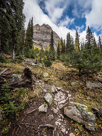The trail up to Scarab Lake is steep and a bit more rustic than the highways I've been on so far this day but it's still really good traveling. Greater Pharaoh rises above me here.