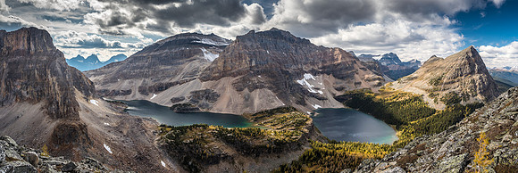 Views include White Tail at far distant left with Mummy Lake, Haiduk, Scarab Lake, Mount Ball and the Pharaoh Peaks from L to R.