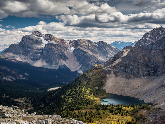 The Monarch with its burnt west slopes from the Verdant Creek wildfire. Lovely Talc Lake at lower right.