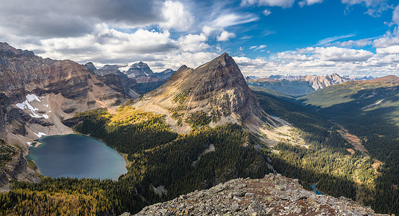 Looking north over the nose. Pharaoh Peak looks impressive with Scarab Lake at left and Pharaoh Creek running off at right down the valley to join Redearth Creek.