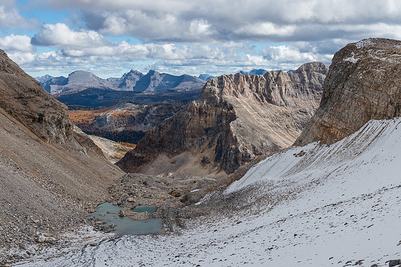 Descending the lower glacier bowl.