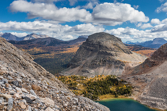 Views back over Mummy Lake and The Sphinx towards the Massive Range.