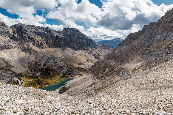 Descending east scree slopes towards Mummy Lake.