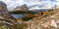 Views over Scarab Lake to Pharaoh Peaks.