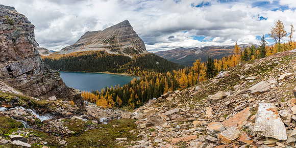Views over Scarab Lake to Pharaoh Peaks.