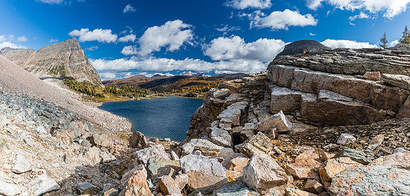 Views back from the tree buttress on Mummy Lake include Pharaoh Peaks at left.