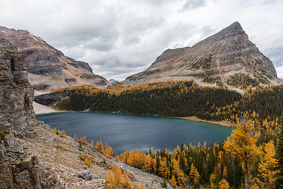 Views over Scarab Lake to Pharaoh Peaks.