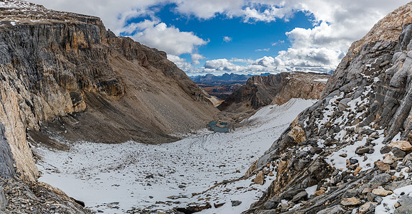 Views back from the top of the old lower glacier along the cliffs lining the first bowl.