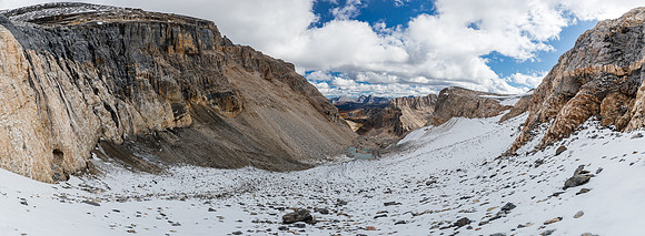 Descending the lower glacier bowl.