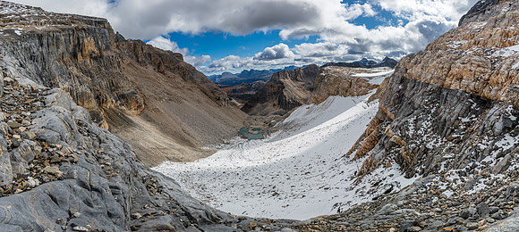 Views back from the top of the old lower glacier along the cliffs lining the first bowl.