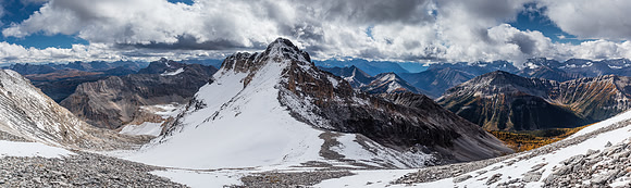 Views back down the south ridge to the outlier at center. My approach at left, Hawk Ridge at right.