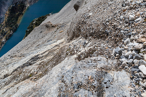 A slab / scree gully leading up past the lower cliff bands on the east slopes of scarab.