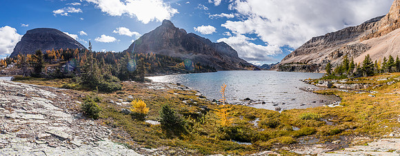 Hiking around the north end of Mummy Lake, The Sphinx at left and an unnamed peak at center.