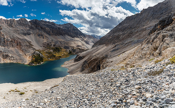 Descending east scree slopes towards Mummy Lake and the unnamed peak.