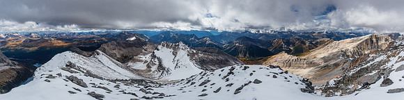 Views south include the Massive Range, Scarab Lake, Monarch, Simpson Ridge, Shanks and Haiduk (R).