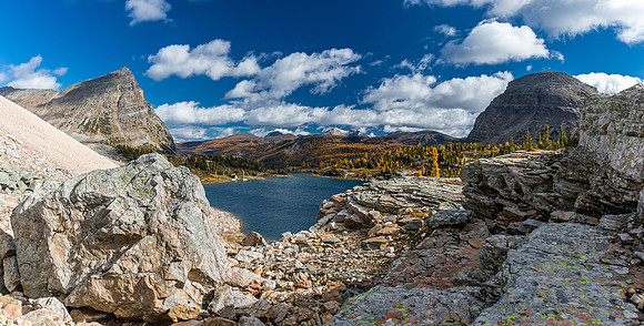 Views back from the tree buttress on Mummy Lake include Pharaoh Peaks at left, The Sphinx at right.