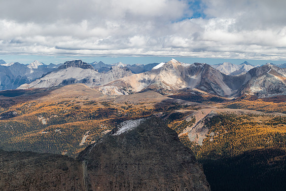 Pilot, Brett and Black Brett over Pharaoh Peak and massive numbers of larches.