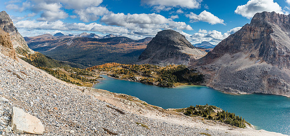 Views back over Mummy Lake and The Sphinx towards the Massive Range.