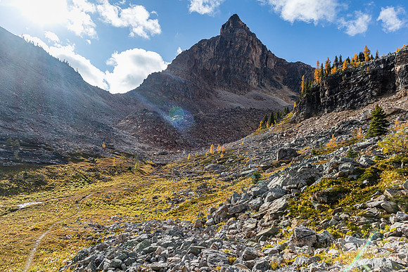 Hiking up towards Mummy Lake, an unnamed peak rising above.