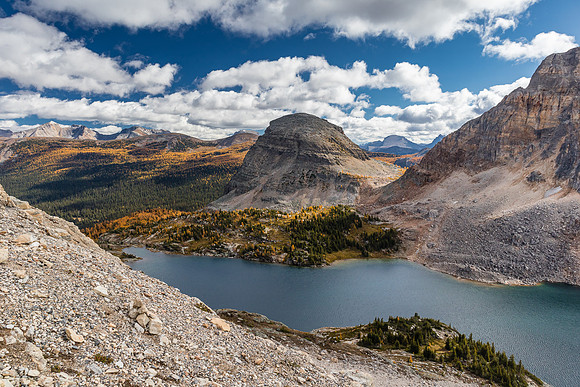 Views back over Mummy Lake and The Sphinx towards the Massive Range.