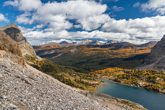 Views back over Mummy Lake and The Sphinx towards the Massive Range.