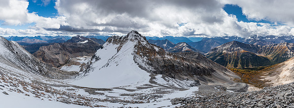Views back down the south ridge to the outlier at center. My approach at left, Hawk Ridge at right.