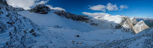 Coming around the corner, looking up at my route to the north ridge at upper left.