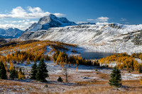 Hiking up to Healy Pass through a forest of larches. Views of The Monarch and Ramparts.