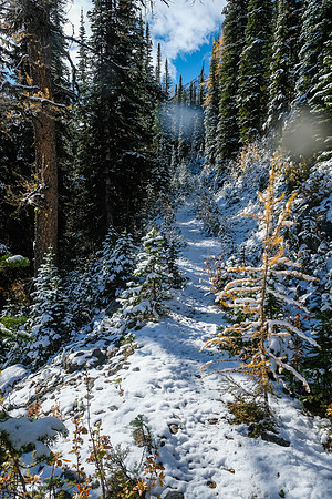 Hiking to Talc Lake on a carpet of fresh snow.