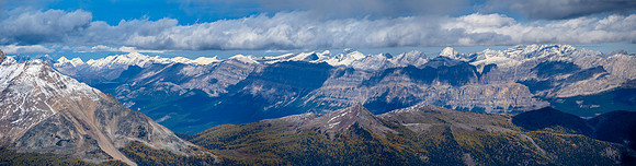 The Castle Mountain massif with Bonnet and Skoki peaks beyond over Gibbon Pass.