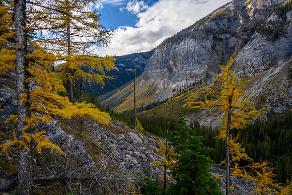 Descending the steep NW access gully to Hawk Creek.