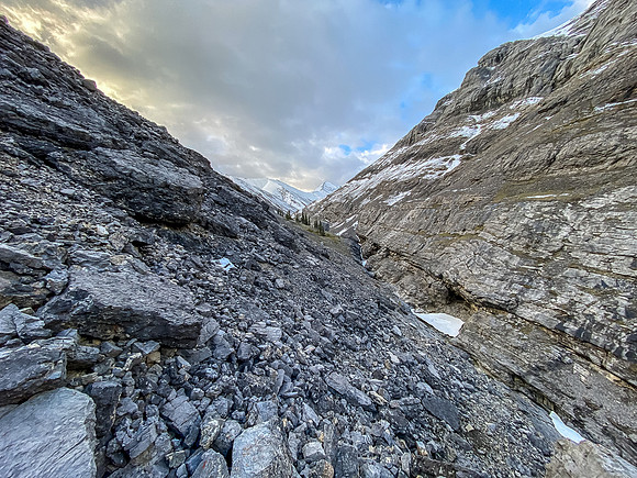 Following a goat highway up the NW access valley.