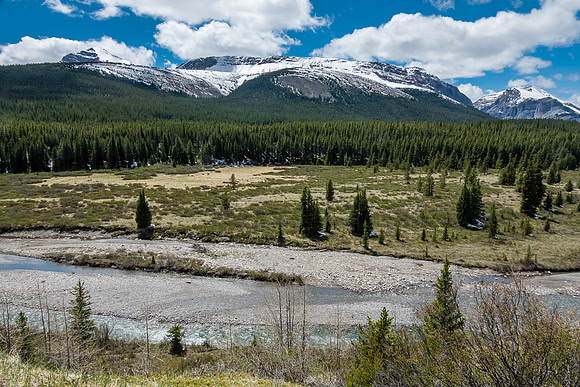 Views over the Ram River to Whelk Peak (L).