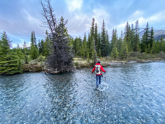 Crossing the Ram River - much smaller this far upstream.