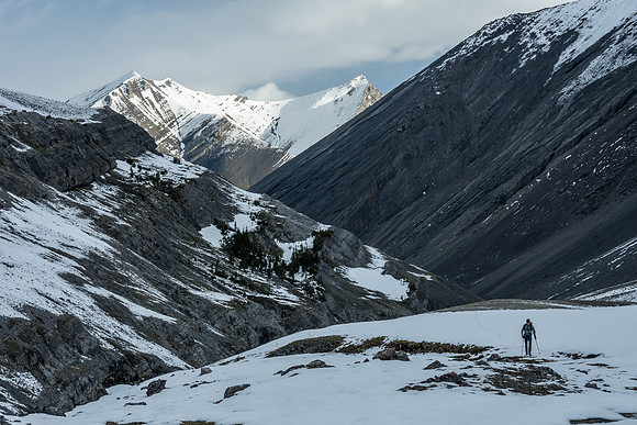 Continuing up snow and rubble to the south end of NW valley. View back to Wingnut Peak.