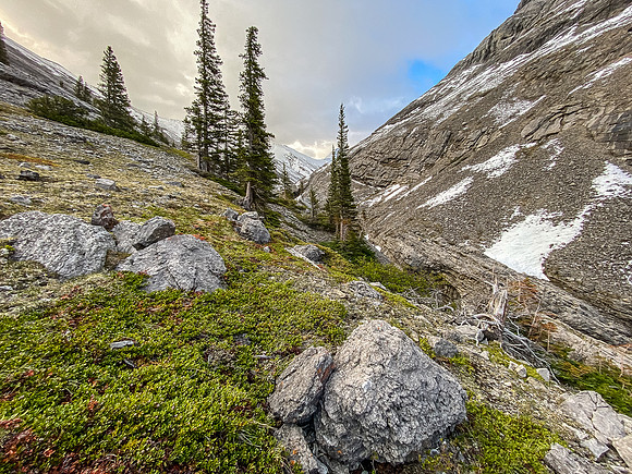 Following a goat highway up the NW access valley.