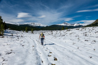 Hiking in fresh snow up the South Ram River Trail. Whelk Peak at distant right.