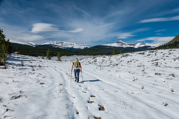 Hiking in fresh snow up the South Ram River Trail. Whelk Peak at distant right.