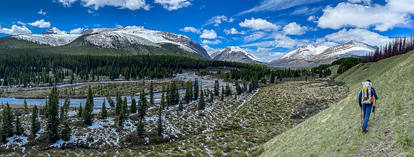 Hiking above the Ram River. Whelk (L), Aries (C) Wingnut (R).