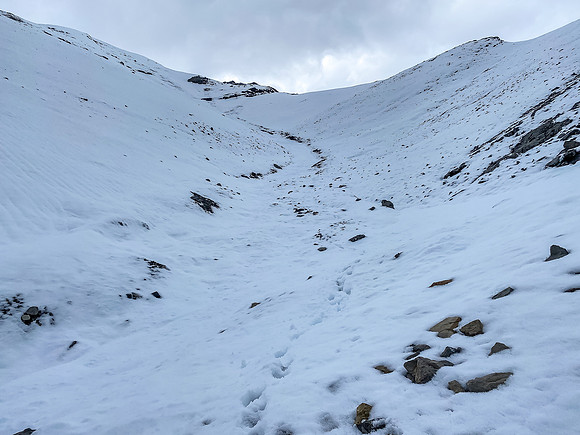 Descending the SE bowl between Wingnut and Canary Peak.
