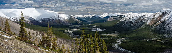 Views down the Ram River past Finch Peak (L).