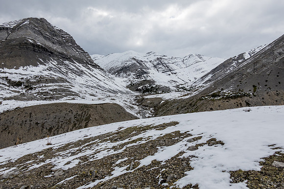 Descending the SE bowl between Wingnut and Canary Peak.