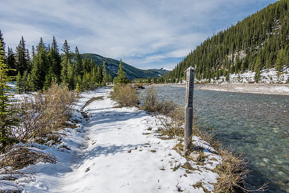 The 2nd crossing of the Ram River along the South Ram River Trail at the Ranger Creek junction.