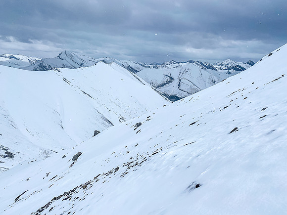 Descending the SE bowl between Wingnut and Canary Peak.