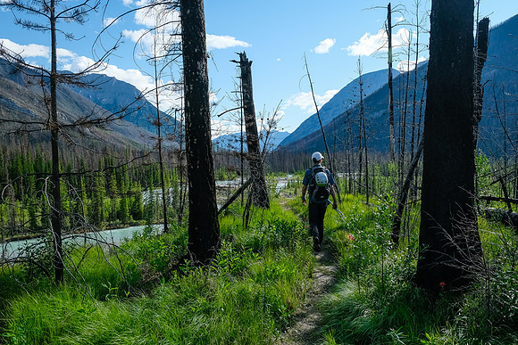 Hiking back along the Simpson River on the Simpson River Trail.