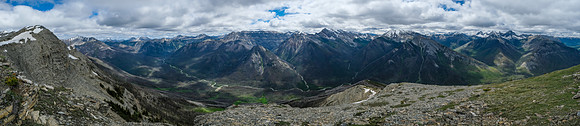 Views from The Monarch (L) over Sunshine Meadows to Simpson Ridge, Peak, Nestor, Indian, Octopus +