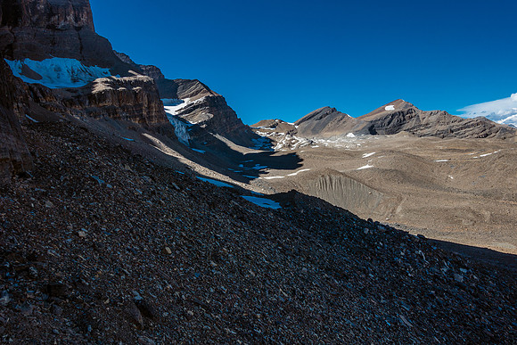 Looking along scree benches towards Jimmy Simpson.