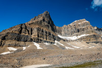 Looking up at Portal (L) and Thompson (R) from the plateau. Note the snow patches on the left. I ascended on climber's left of the leftmost patch