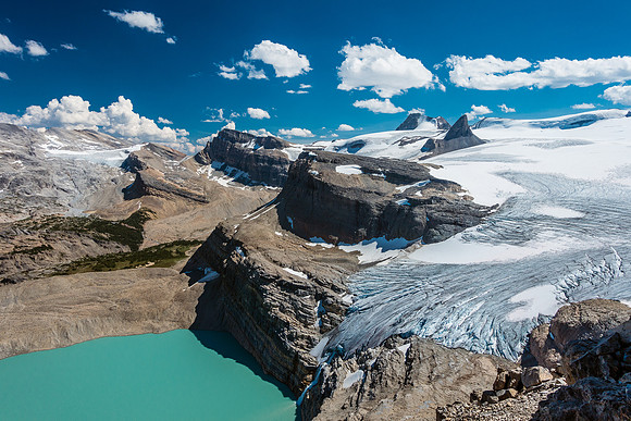 Looking over the Wapta Icefield as it plunges down to Iceberg Lake and eventually Bow Falls and Lake